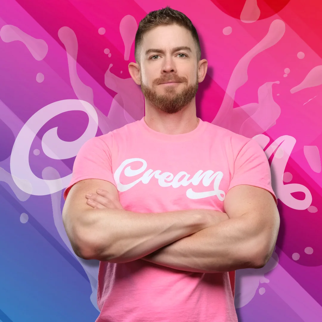 Cream team portrait 1, in the original pink and blue brand artwork