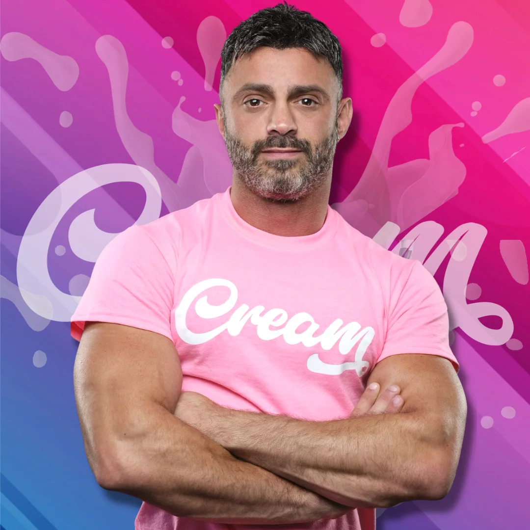Cream team portrait 2, in the original pink and blue brand artwork