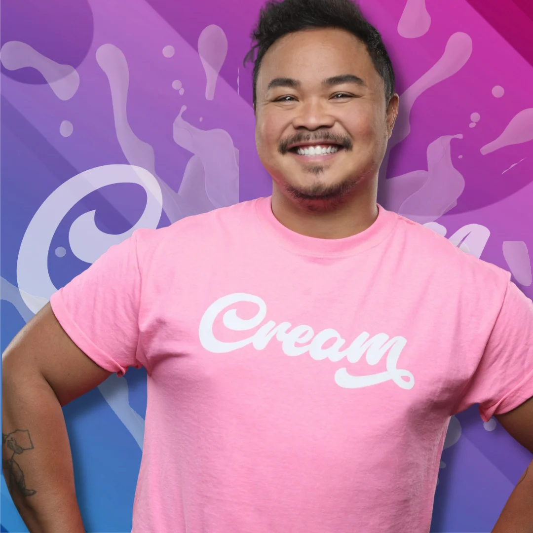 Cream team portrait 3, in the original pink and blue brand artwork