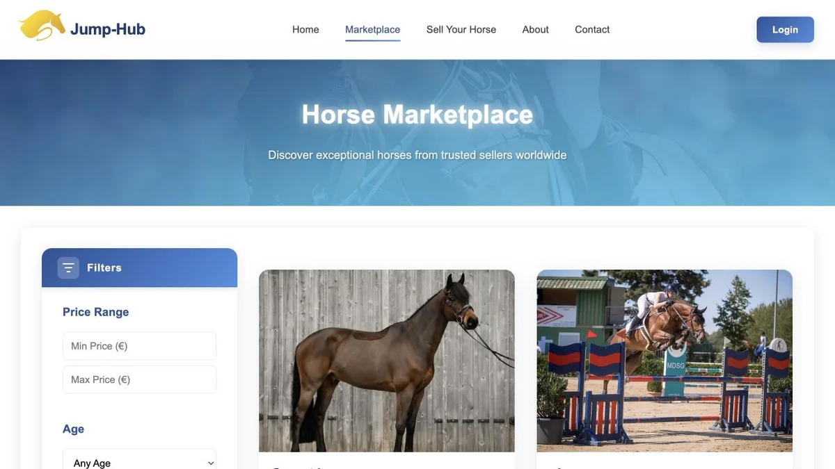 Jump-Hub’s actual marketplace, showing horse listings beside price and age filters
