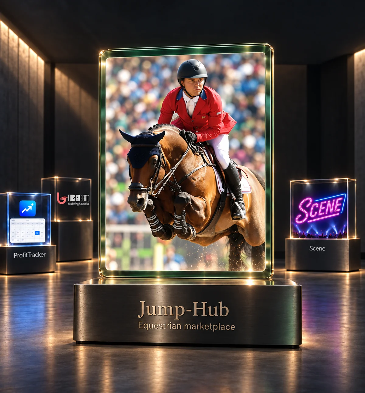 Jump-Hub takes center stage in an equestrian glass gallery, with ProfitTracker, Scene, and Luis Gilberto displayed behind it.