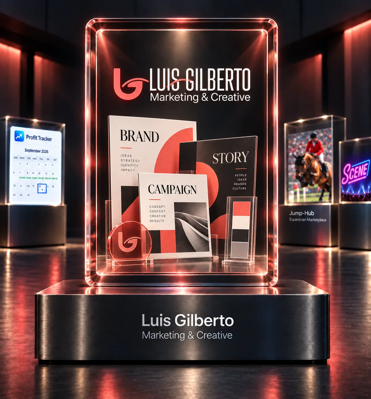 Luis Gilberto’s logo and campaign design boards contained inside a warm creative studio glass display, with ProfitTracker, Jump-Hub, and Scene exhibited behind it.