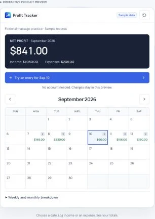 ProfitTracker’s public sample calendar showing income, expenses, and monthly net profit.
