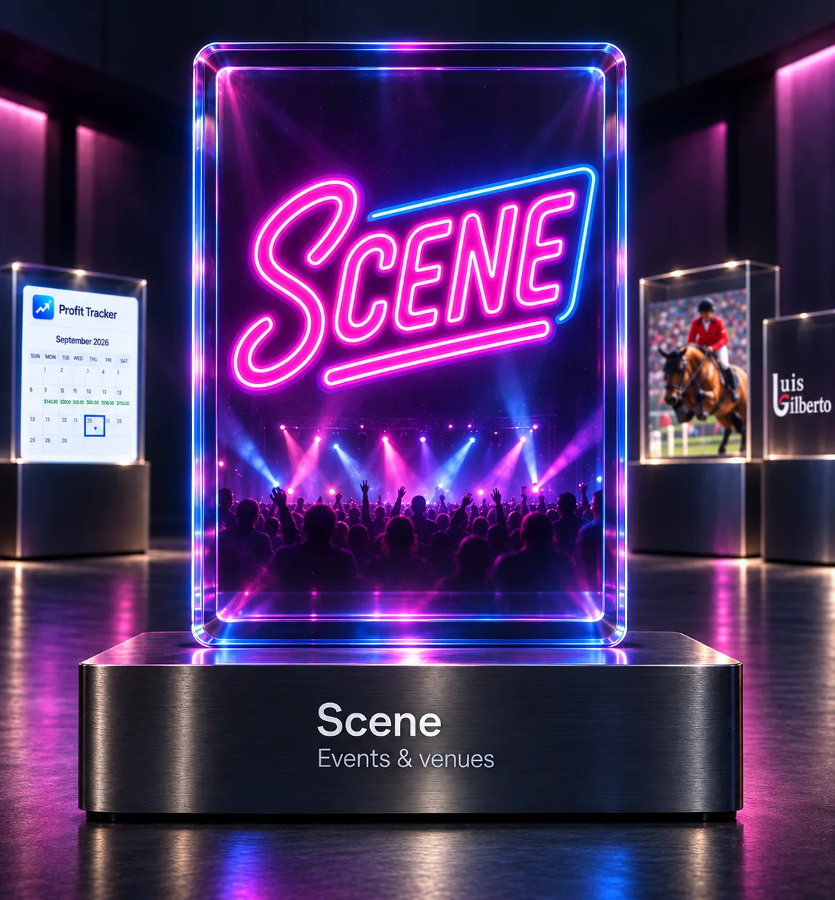 Scene’s neon logo in a pink and cyan glass gallery, with ProfitTracker, Jump-Hub, and Luis Gilberto displayed behind it.
