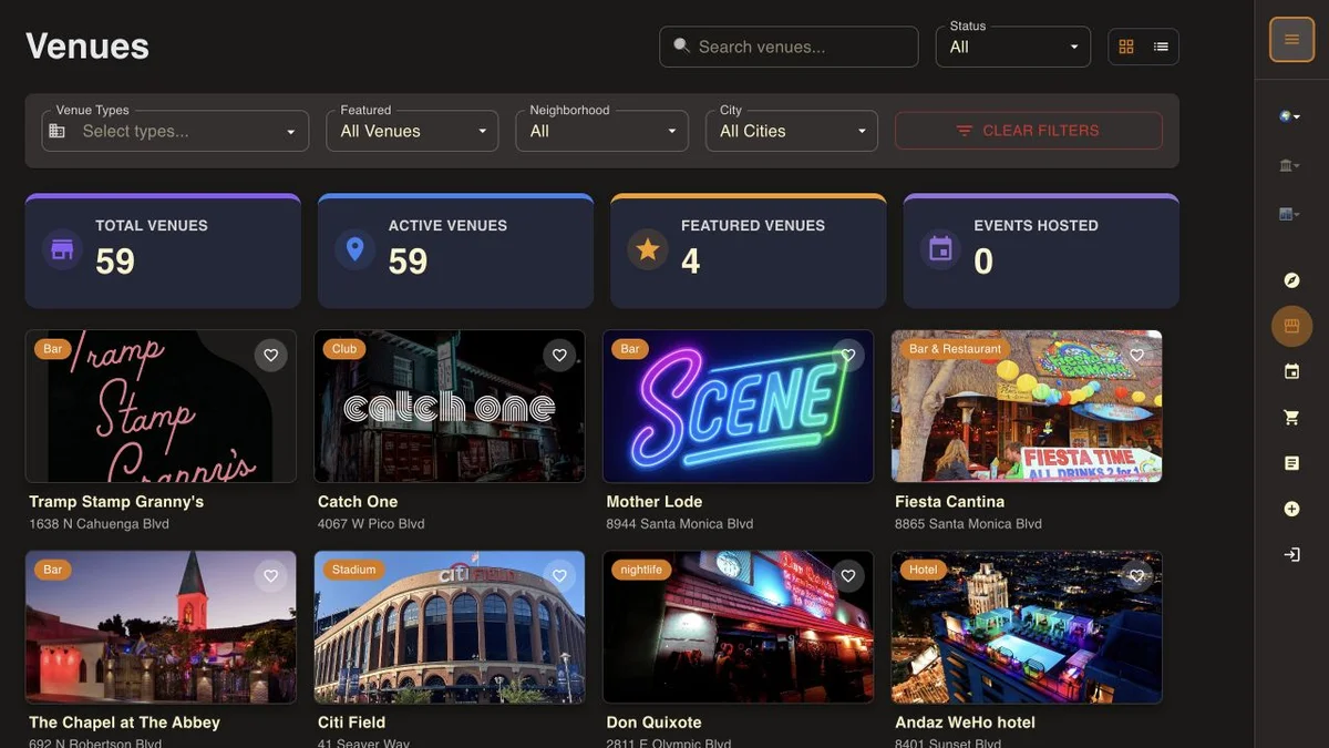 Scene’s actual venue browsing interface with search, venue types, neighborhood and city filters