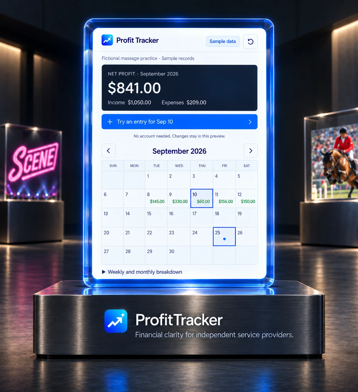 ProfitTracker’s calendar in a blue glass display, with Jump-Hub, Scene, and Luis Gilberto exhibited behind it. Fictional sample data.
